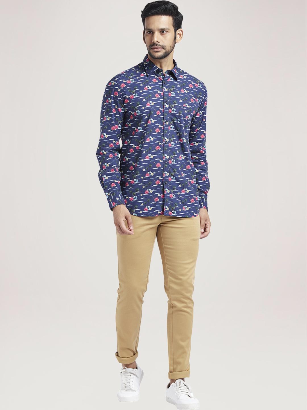 Men Blue Slim Fit Print Cotton Full Sleeve Shirts