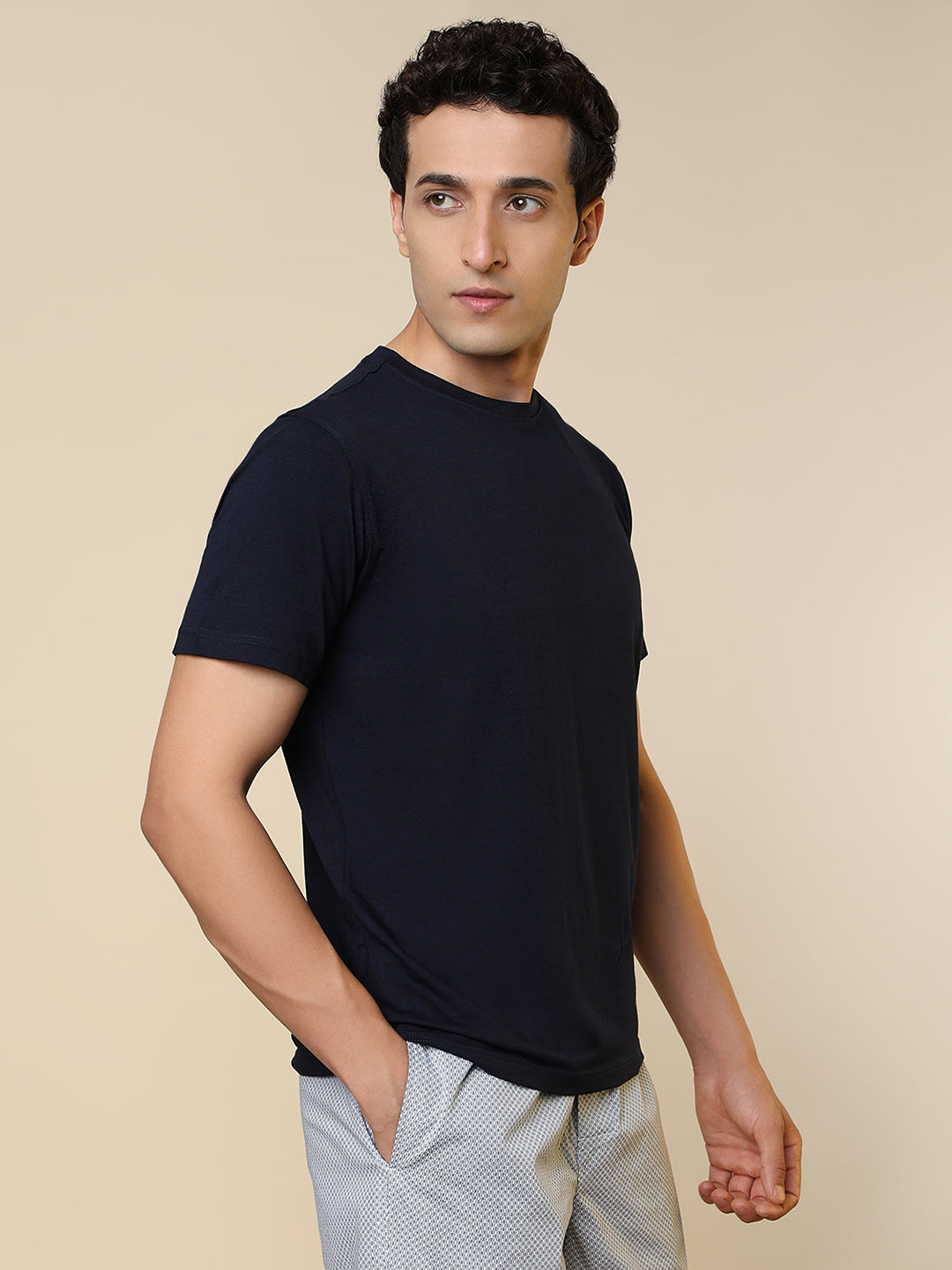 Sleepz Men Blue Solid Regular Fit Cotton Blend T-Shirt