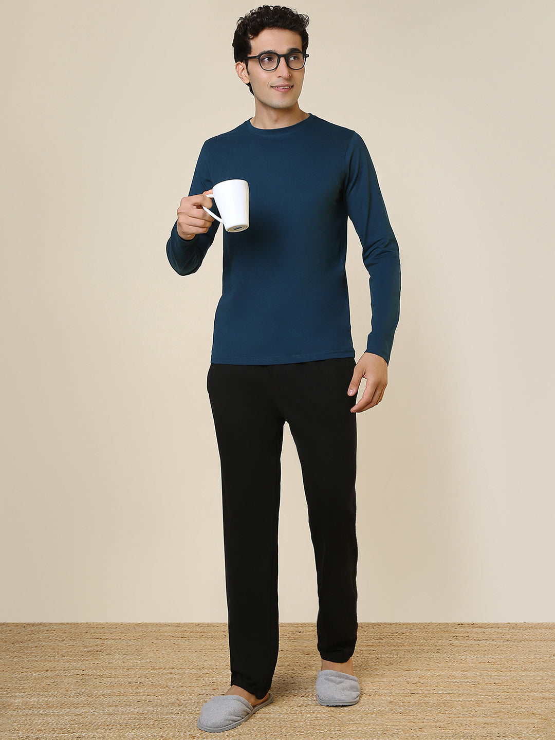 Sleepz Men Blue Solid Regular Fit Cotton T-Shirt