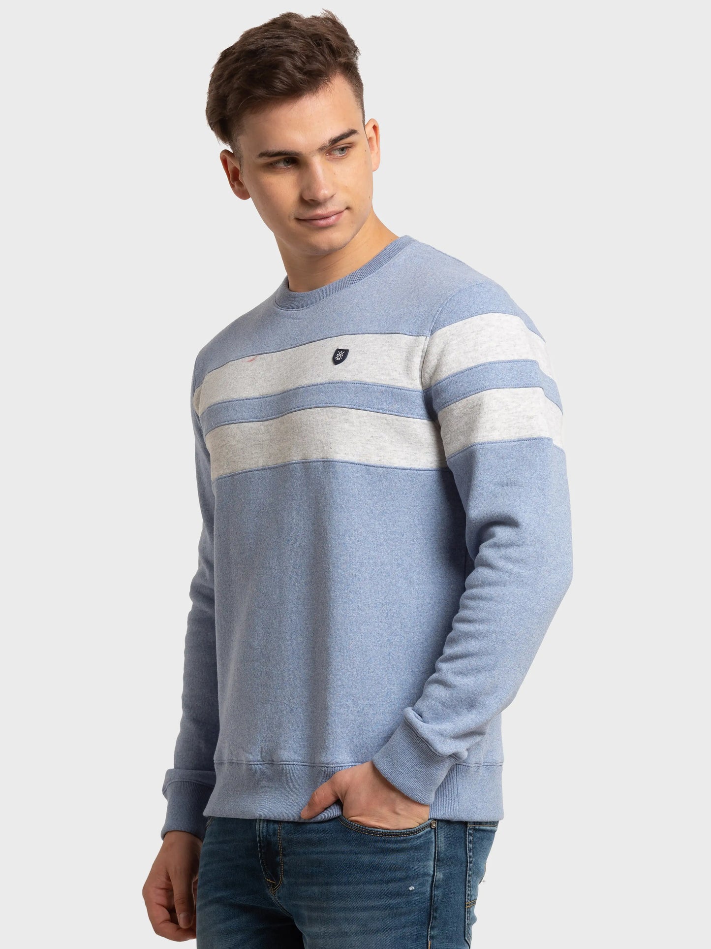 Men Blue Tailored Fit Stripe Cotton Polyester Blend Full Sleeve Henley Neck Collar Sweatshirts