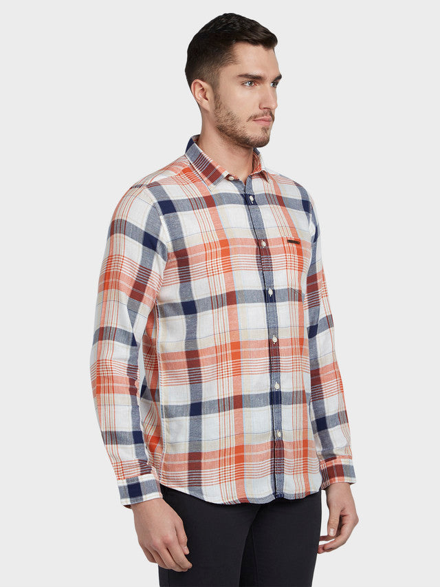 Colorplus Orange Checks Contemporary Fit Loycell Cotton Blend Casual Shirt