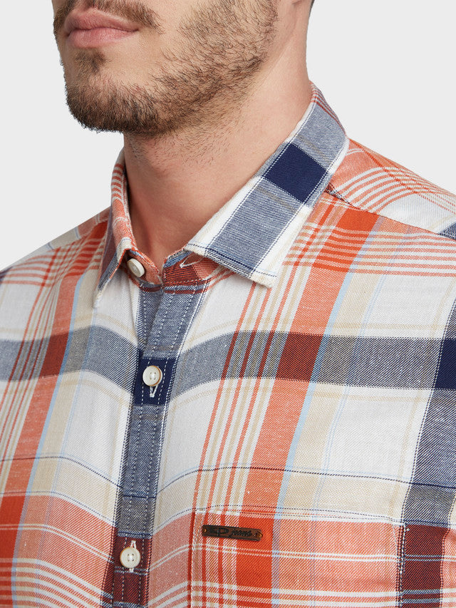 Colorplus Orange Checks Contemporary Fit Loycell Cotton Blend Casual Shirt