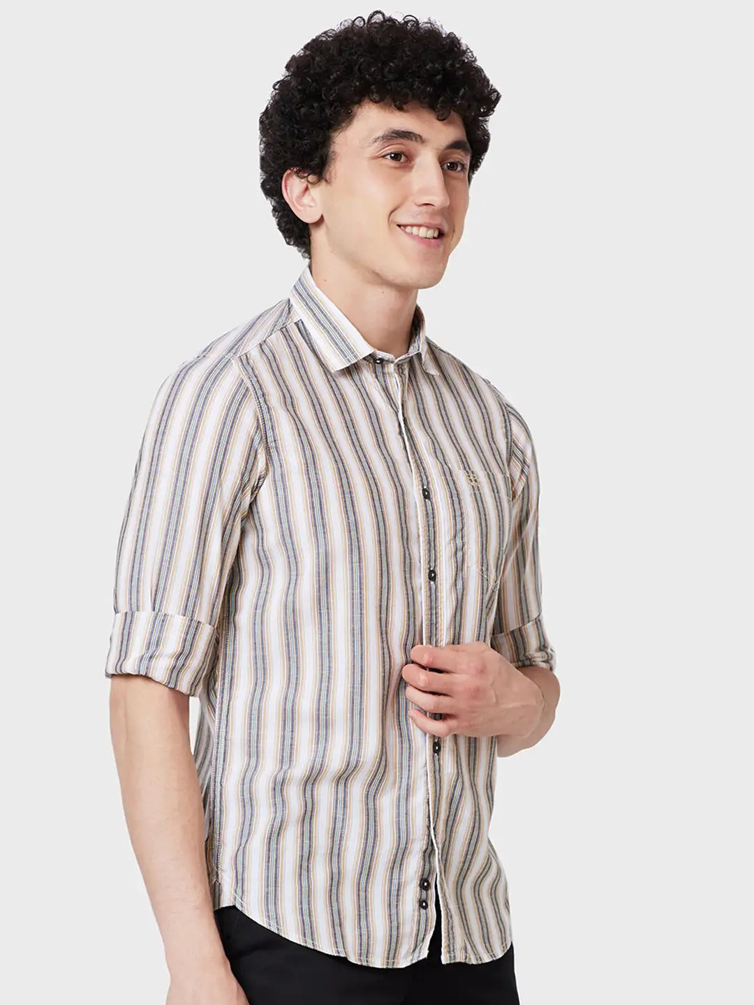 Colorplus Men Brown Striped Contemporary Fit Tencel Blend Casual Shirt