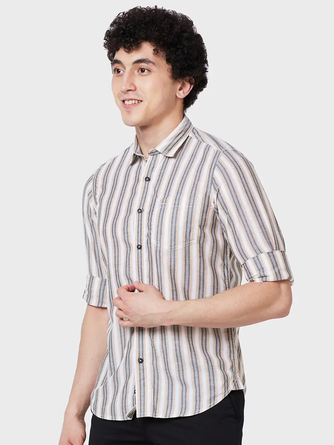Colorplus Men Brown Striped Contemporary Fit Tencel Blend Casual Shirt
