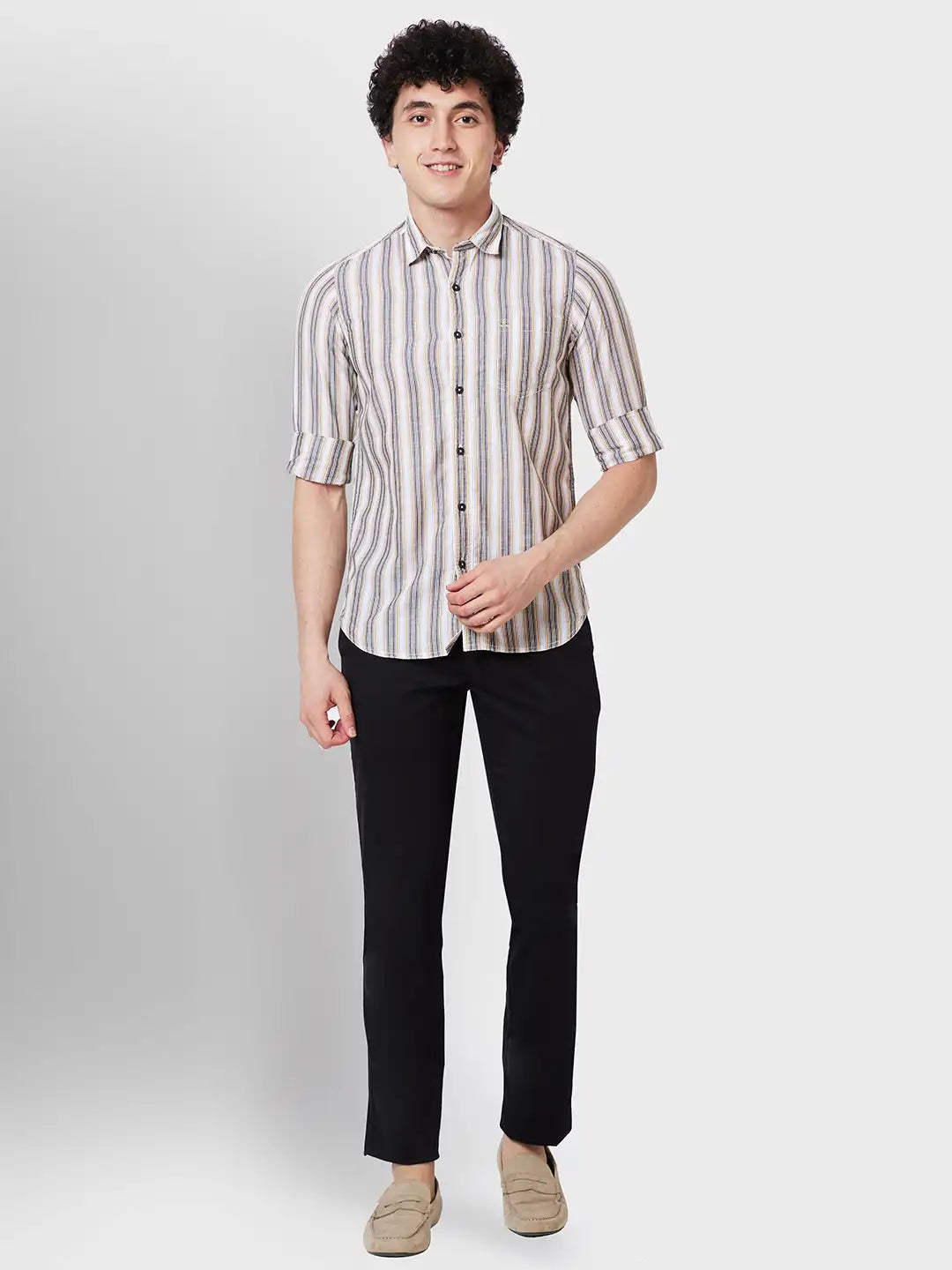 Colorplus Men Brown Striped Contemporary Fit Tencel Blend Casual Shirt