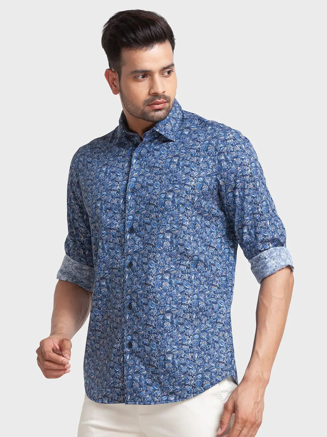 Men Blue Tailored Fit Print Cotton Full Sleeve Shirts