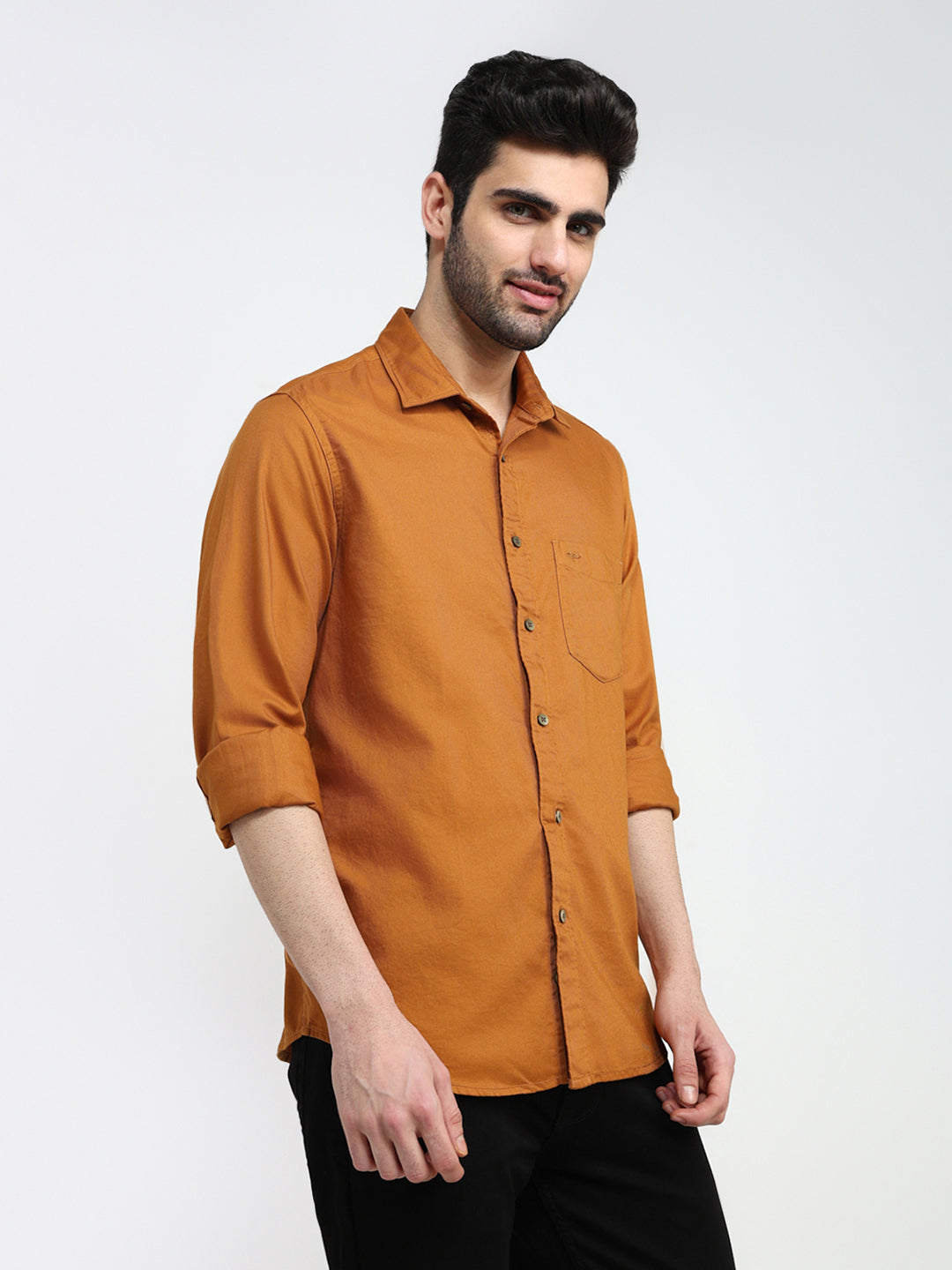 Colorplus Men Orange Solid Regular Fit Cotton Full Sleeve Casual Shirt