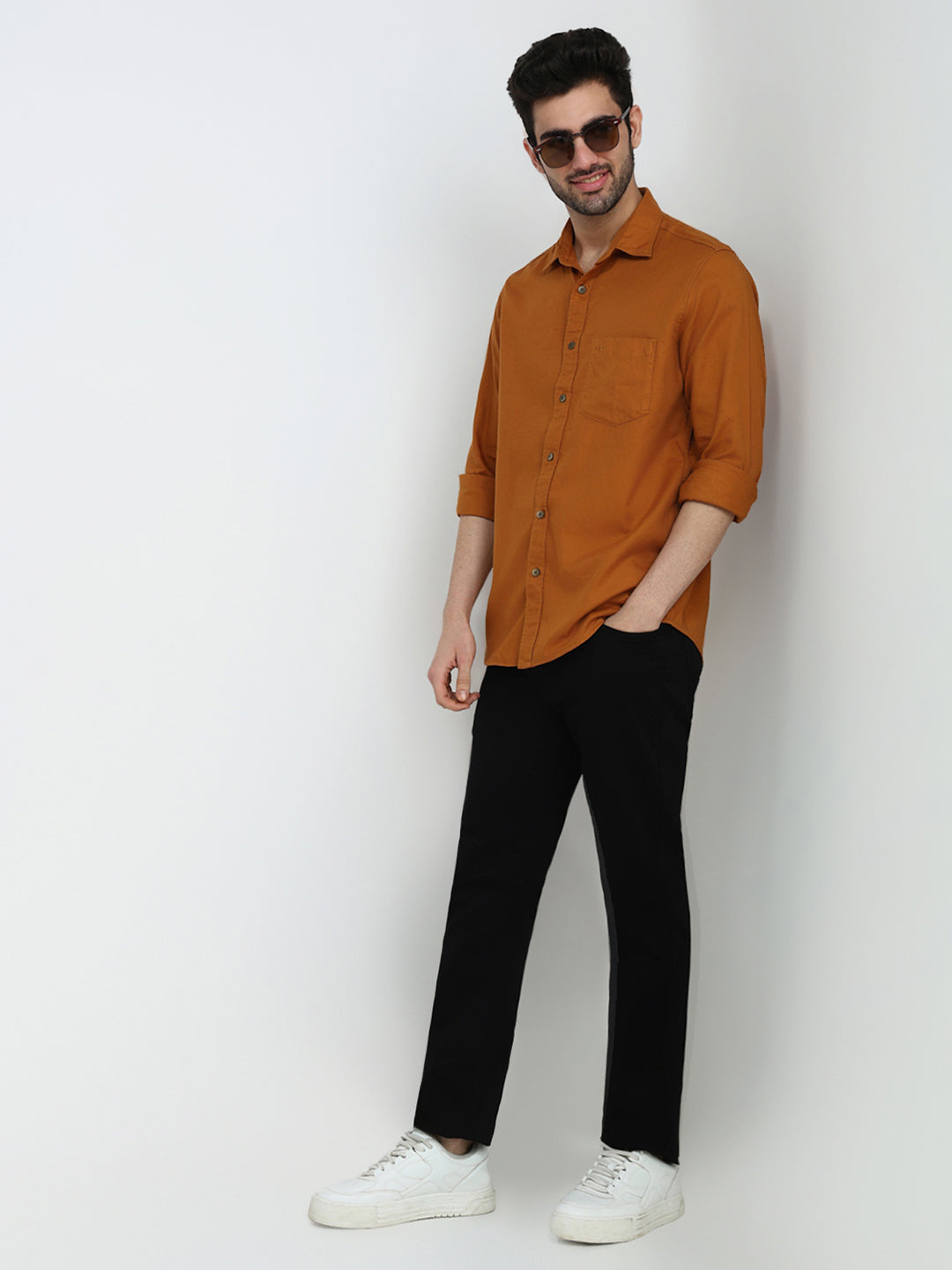 Colorplus Men Orange Solid Regular Fit Cotton Full Sleeve Casual Shirt