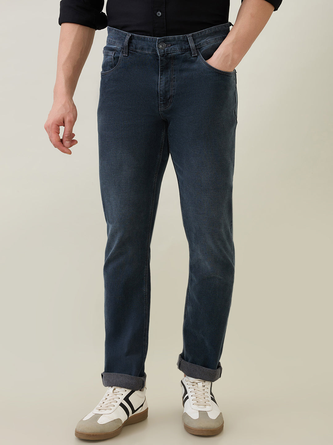 Colorplus Men Grey Plain Mid Rise Slim Fit Cotton Blend Jeans