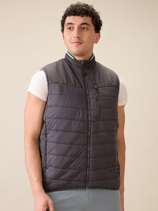 Colorplus Men Grey Solid Regular Fit Polyester Sleeveless Jacket