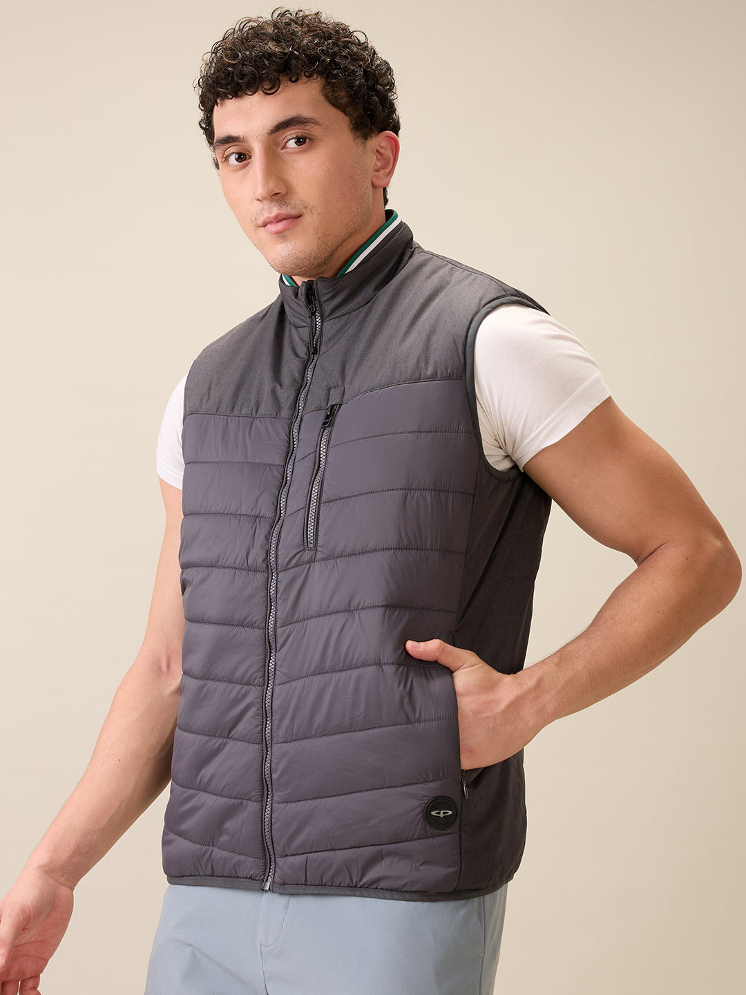 Colorplus Men Grey Solid Regular Fit Polyester Sleeveless Jacket
