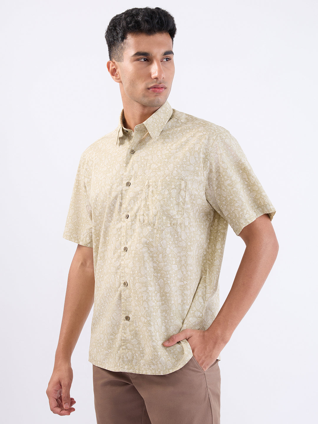 Colorplus Men Khaki Printed Comfort Fit Cotton Half Sleeve Casual Shirt