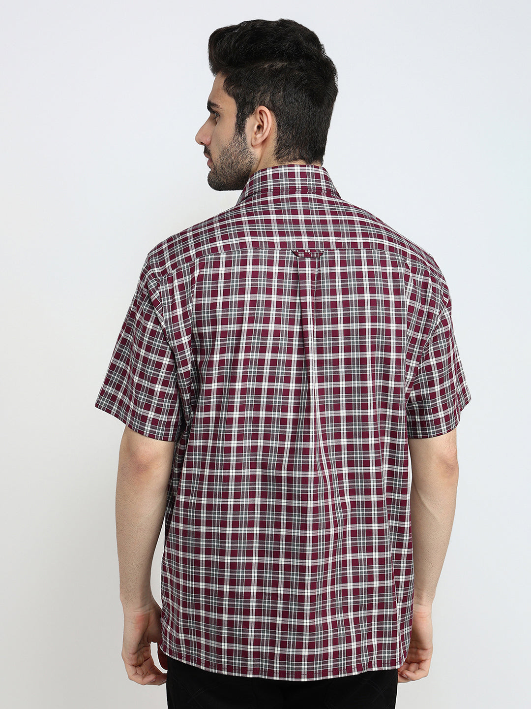 Colorplus Men Maroon Checks Comfort Fit Cotton Half Sleeve Casual Shirt