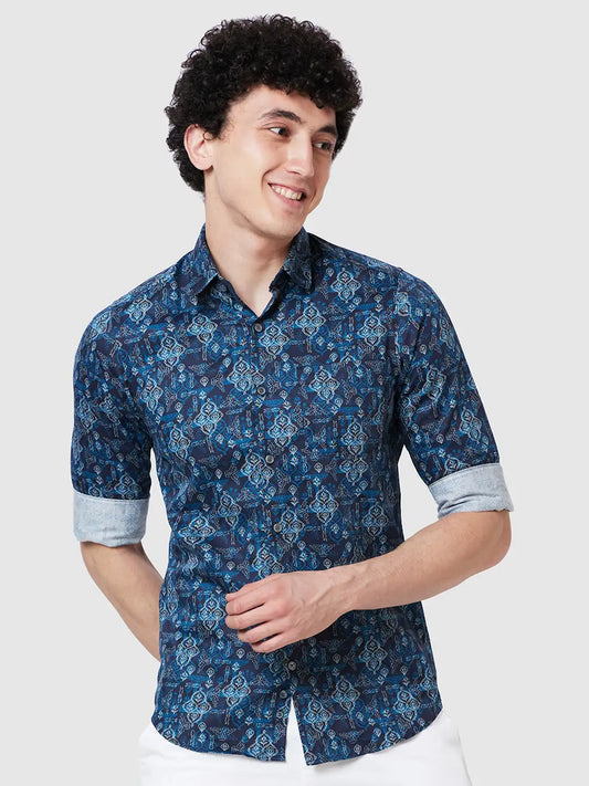 Men Blue Contemporary Fit Print Cotton Full Sleeve Shirts