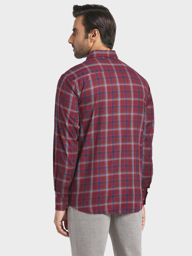 Colorplus Red Checks Tailored Fit Full Sleeve Cotton Shirt
