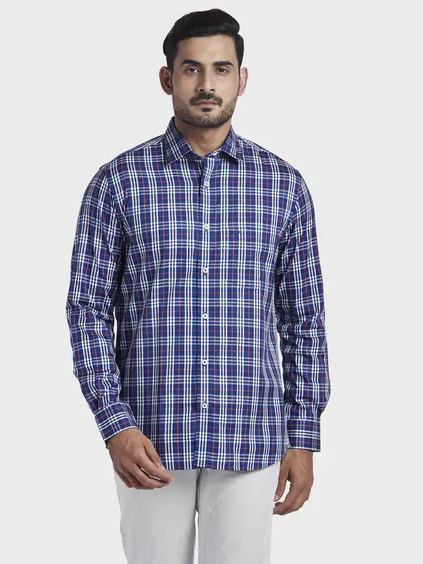 Men Blue Tailored Fit Checks Cotton Full Sleeve Shirts