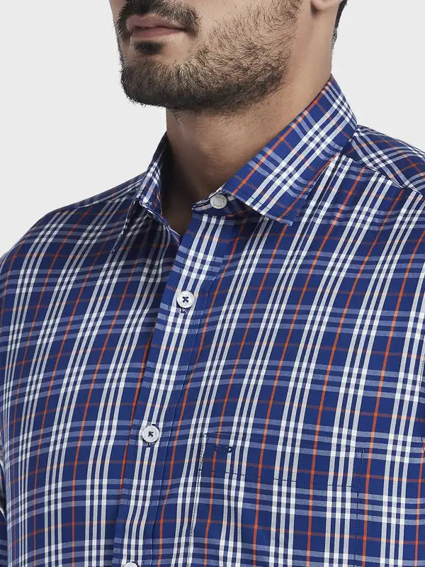 Men Blue Tailored Fit Checks Cotton Full Sleeve Shirts