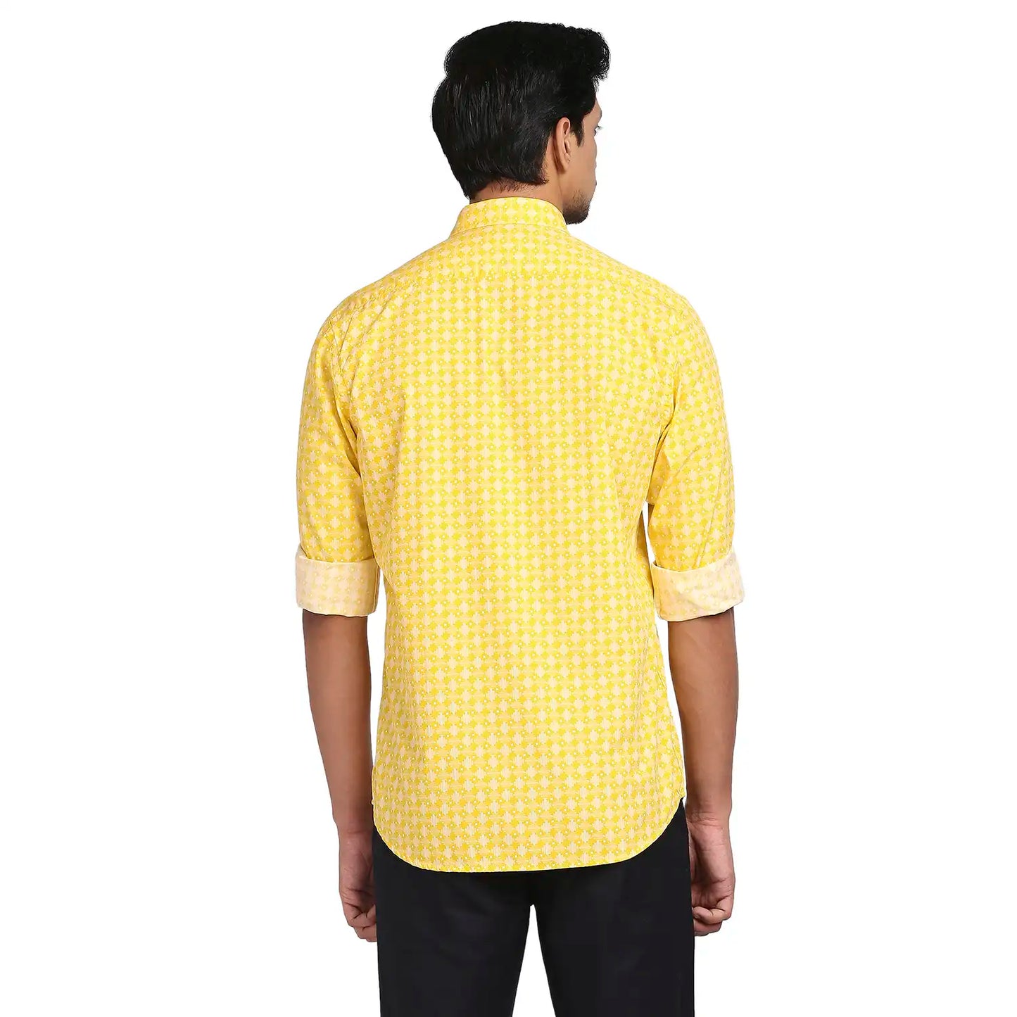 Men Yellow Tailored Fit Print Cotton Full Sleeve Shirts