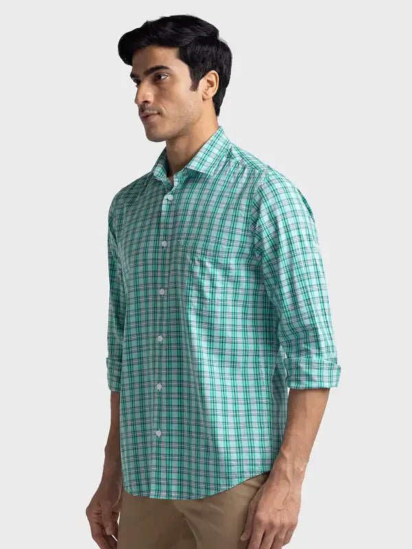 Men Green Tailored Fit Checks Viscose Cotton Blend Full Sleeve Shirts