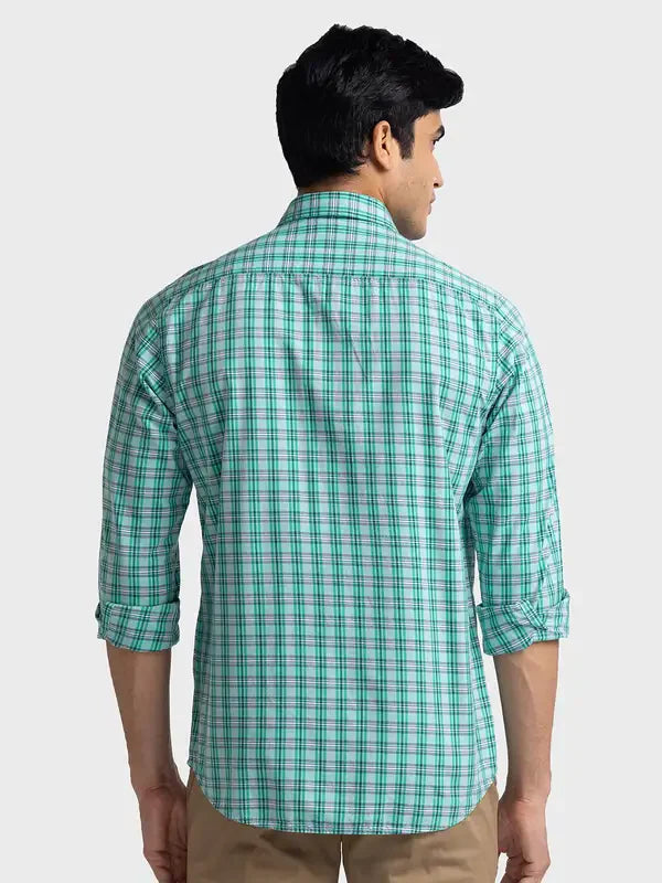 Men Green Tailored Fit Checks Viscose Cotton Blend Full Sleeve Shirts