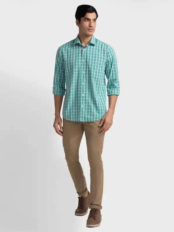 Men Green Tailored Fit Checks Viscose Cotton Blend Full Sleeve Shirts