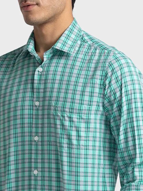Men Green Tailored Fit Checks Viscose Cotton Blend Full Sleeve Shirts
