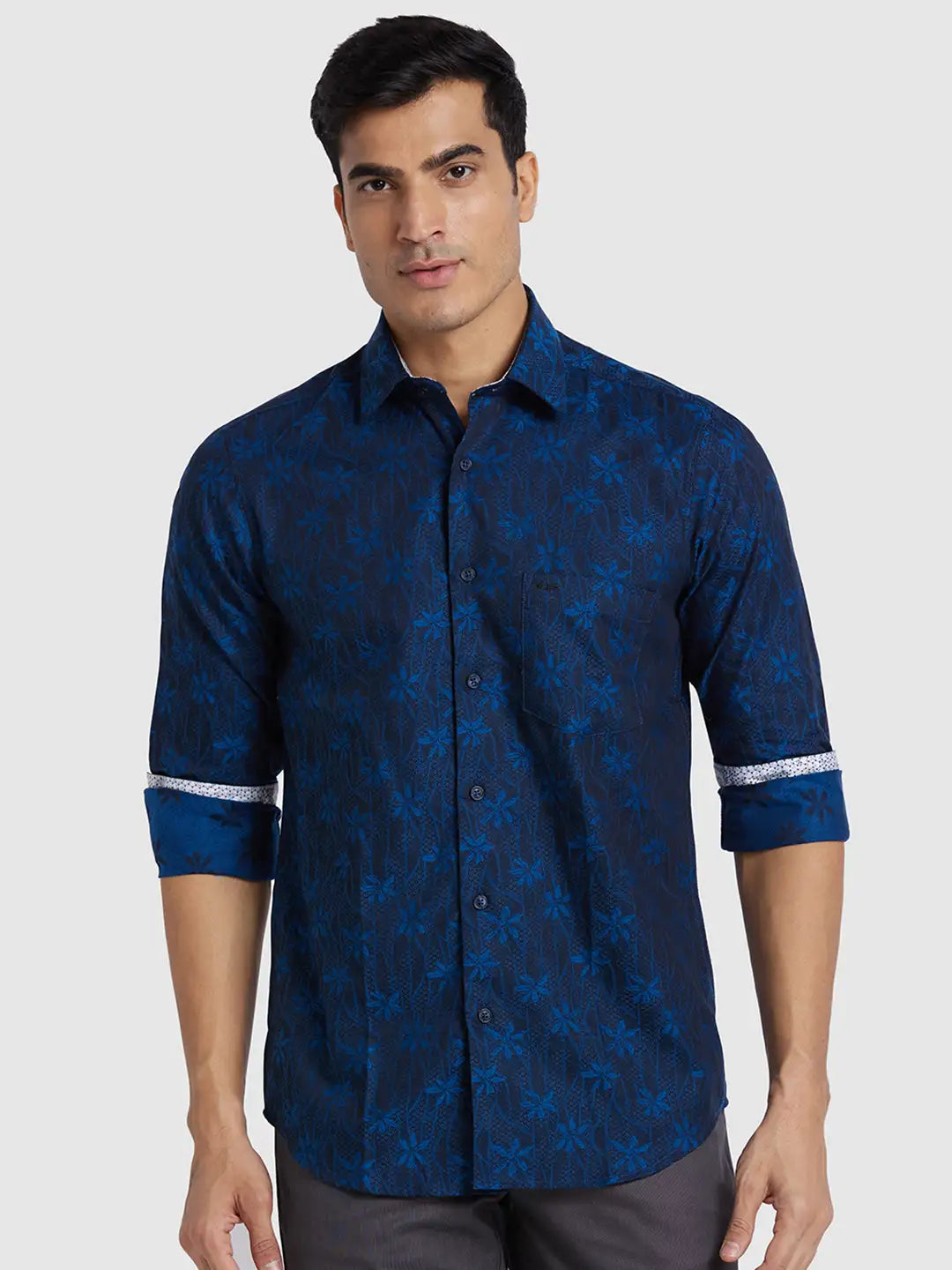 Men Blue Regular Fit Jacquard Cotton Full Sleeve Shirts