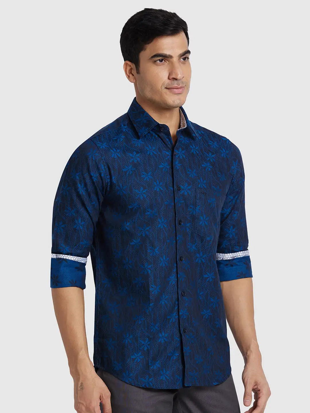 Men Blue Regular Fit Jacquard Cotton Full Sleeve Shirts