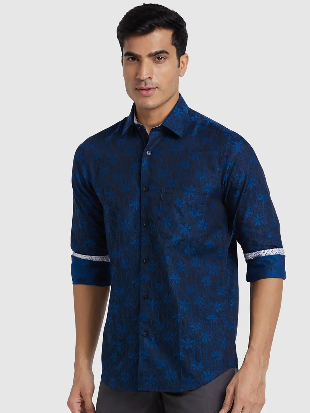 Men Blue Regular Fit Jacquard Cotton Full Sleeve Shirts