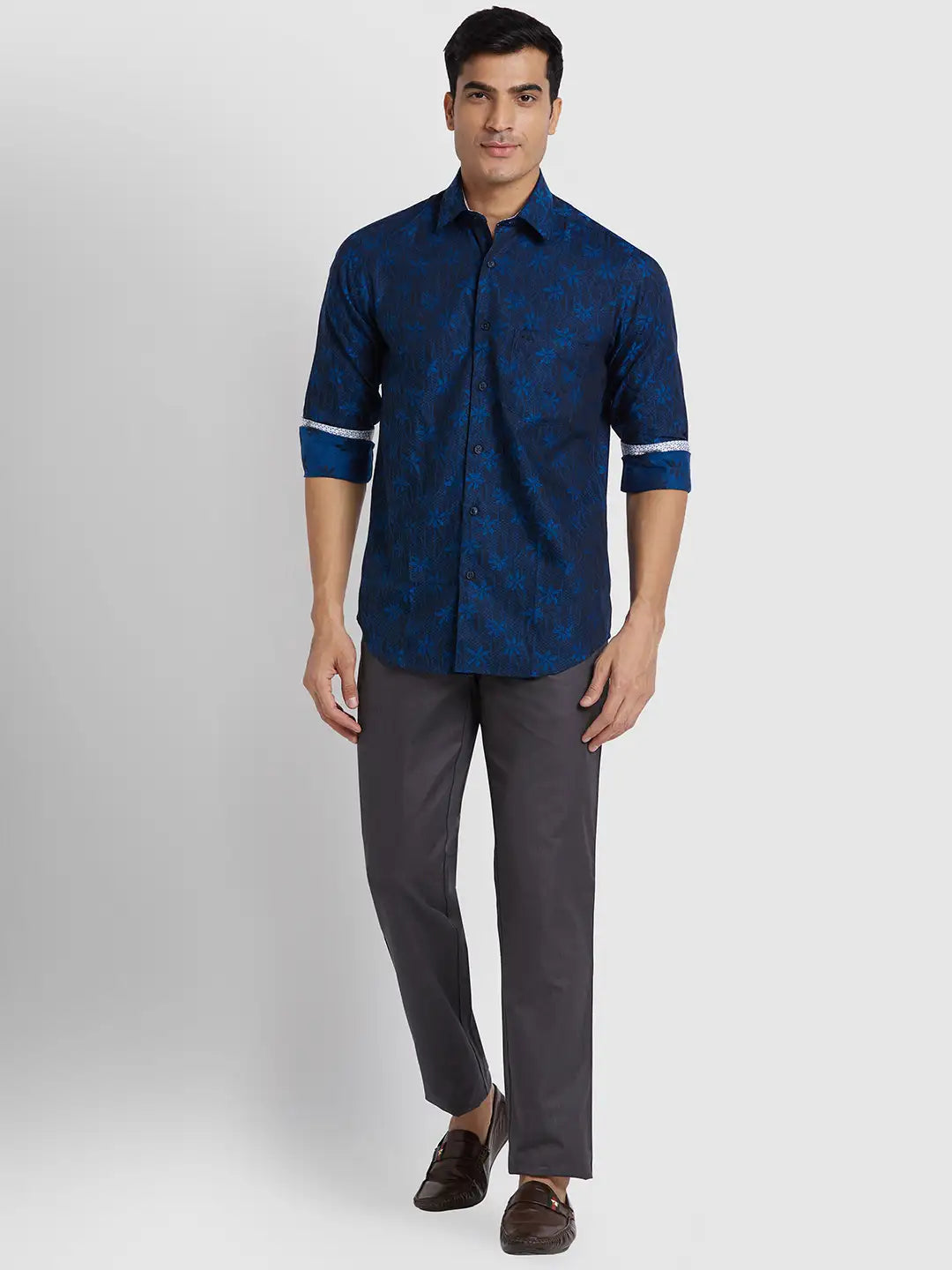 Men Blue Regular Fit Jacquard Cotton Full Sleeve Shirts