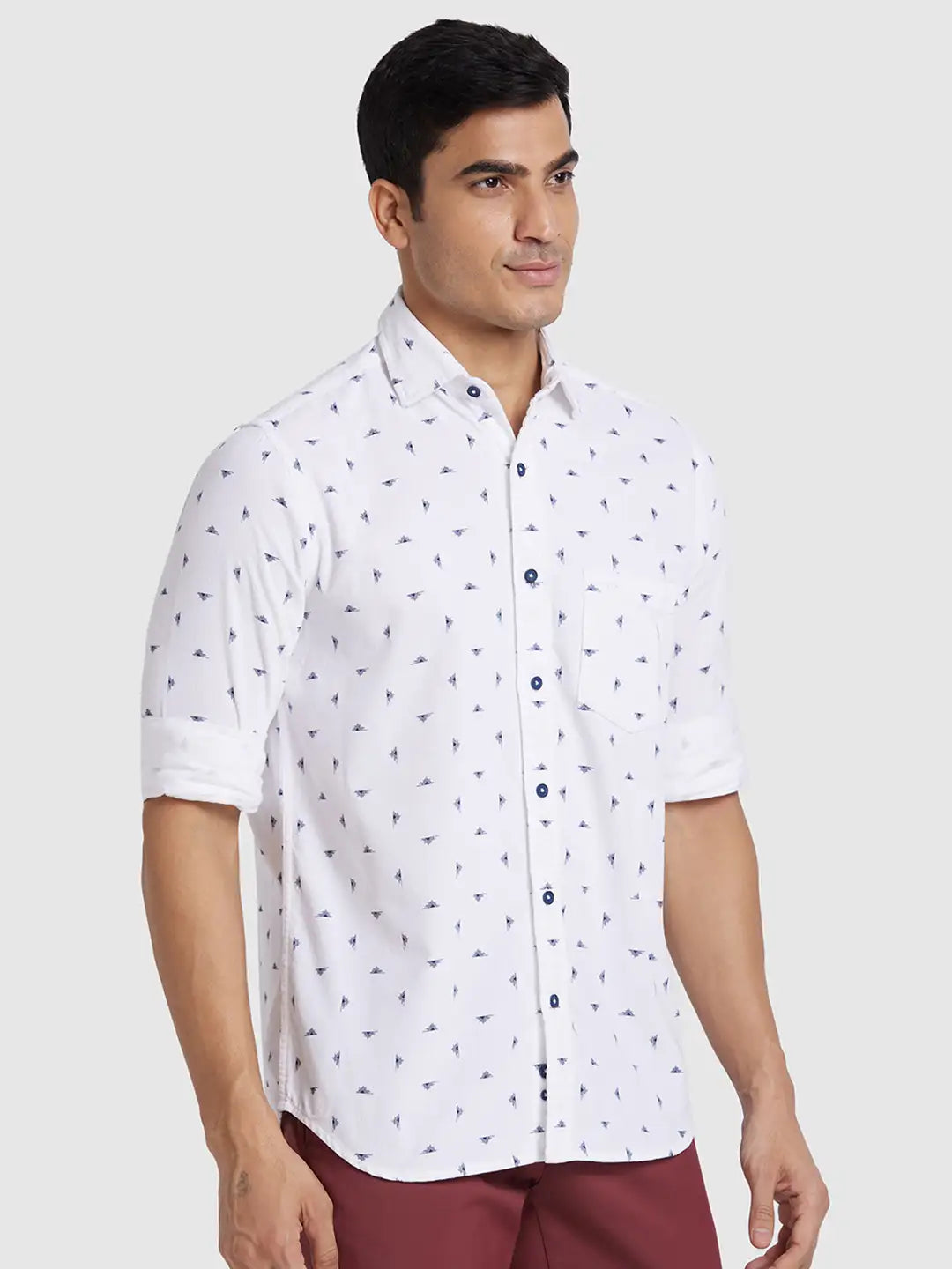 Men White Regular Fit Print Cotton Full Sleeve Shirts