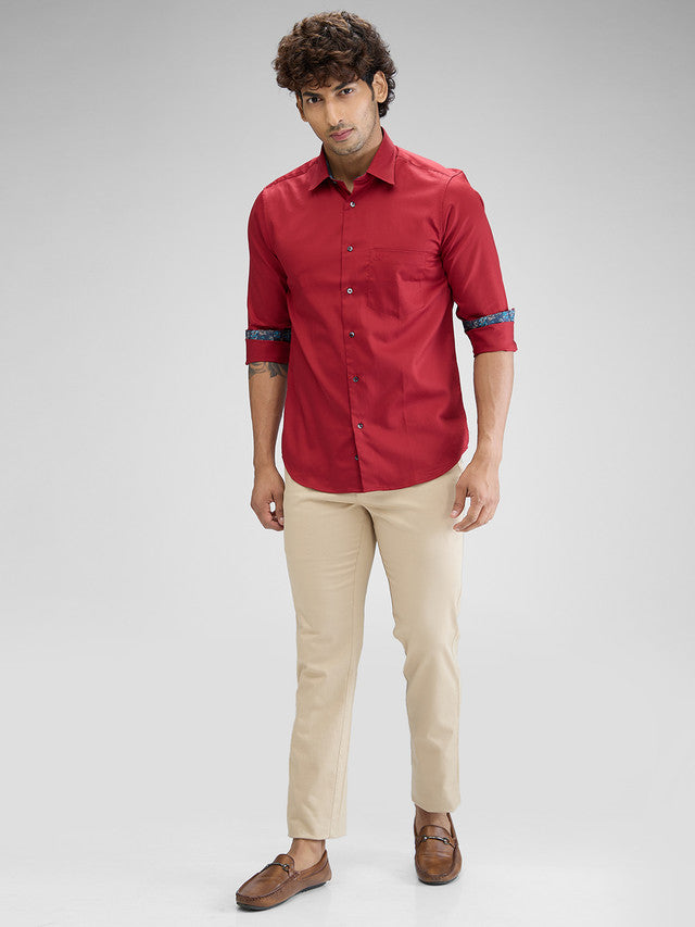 Colorplus Red Plain Regular Fit Cotton Casual Shirt