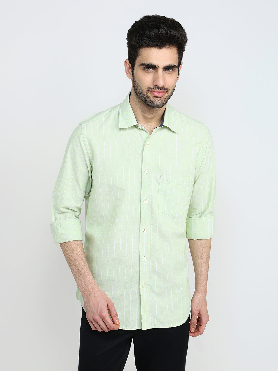 Colorplus Men Green Stripe Regular Fit Cotton Full Sleeve Casual Shirt