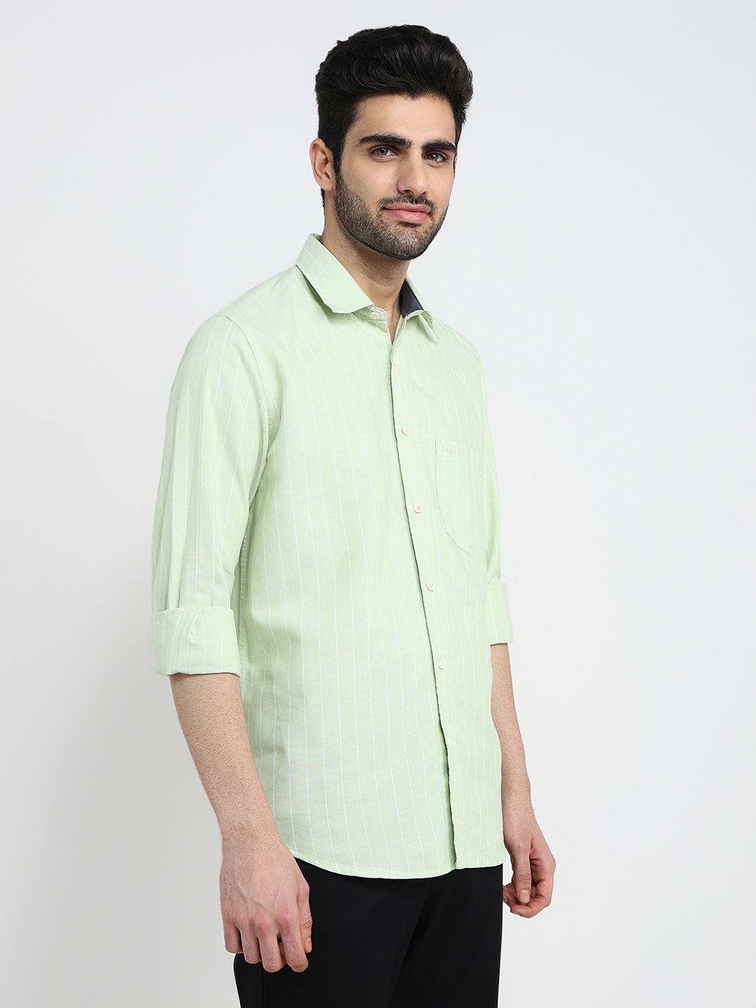 Colorplus Men Green Stripe Regular Fit Cotton Full Sleeve Casual Shirt
