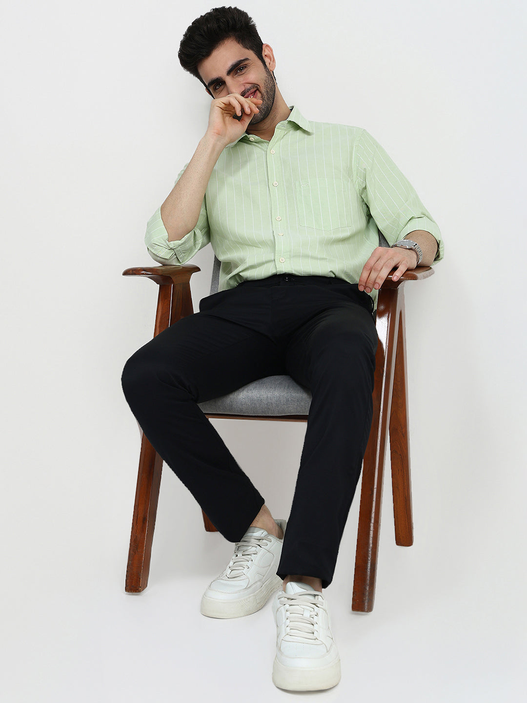 Colorplus Men Green Stripe Regular Fit Cotton Full Sleeve Casual Shirt