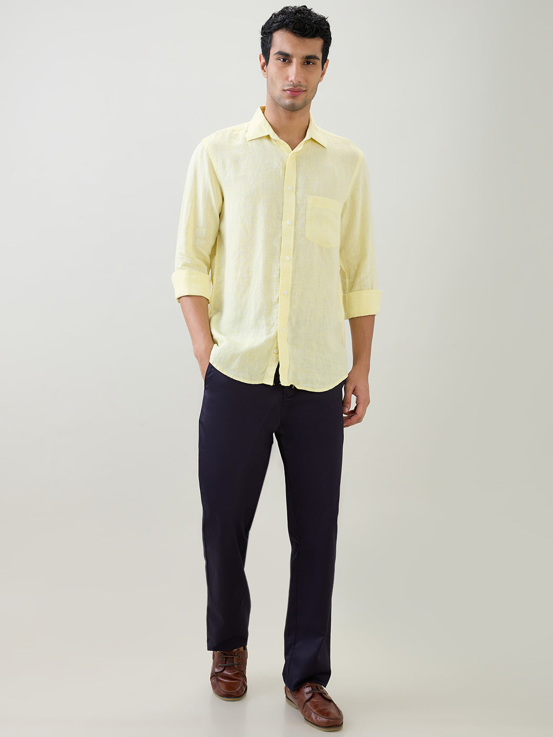 Colorplus Men Yellow Solid Regular Fit Linen Full Sleeve Casual Shirt