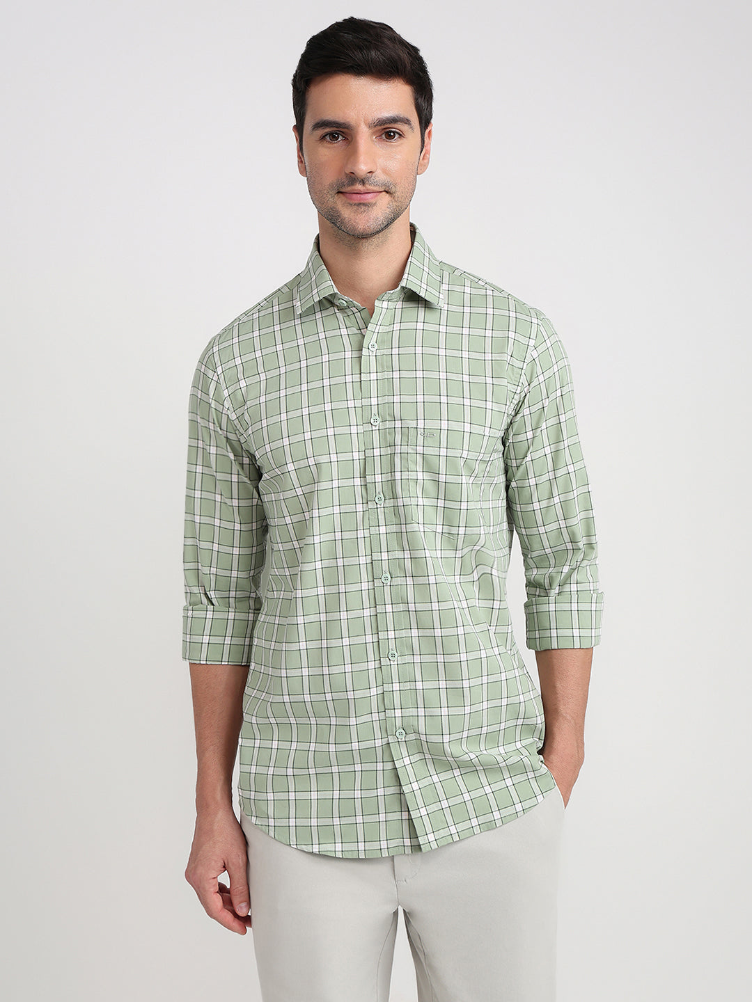 Colorplus Men Green Checks Regular Fit Cotton Full Sleeve Casual Shirt