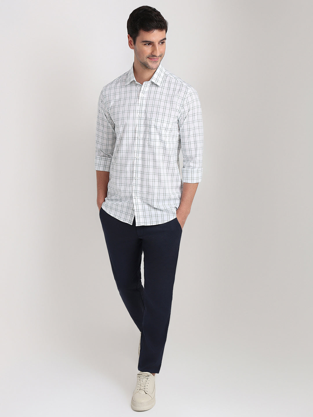 Colorplus Men White Checks Regular Fit Cotton Full Sleeve Casual Shirt