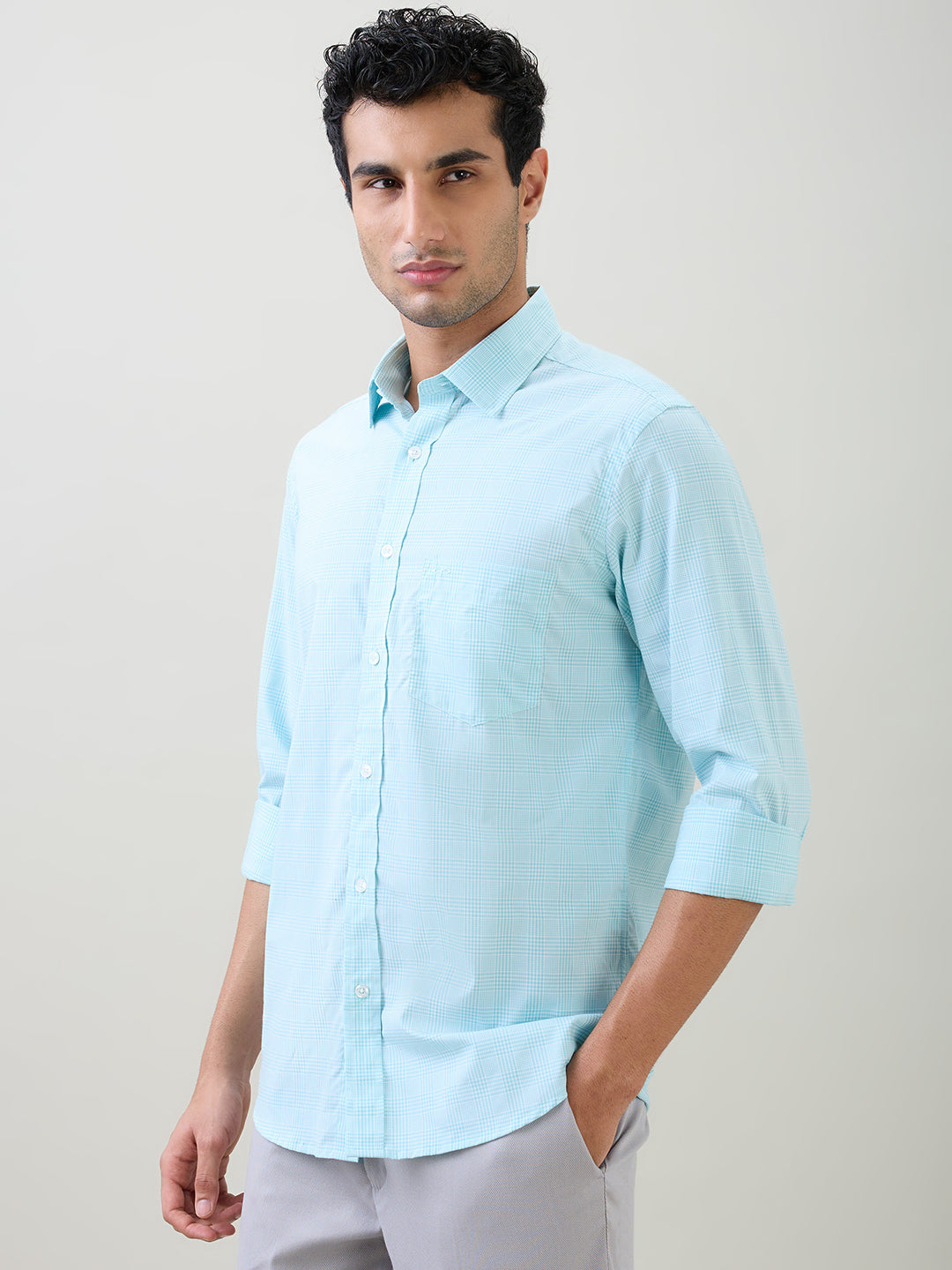 Colorplus Men Green Checks Regular Fit Cotton Full Sleeve Casual Shirt