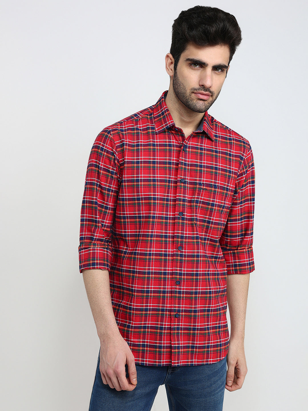 Colorplus Men Red Checks Regular Fit Cotton Full Sleeve Casual Shirt