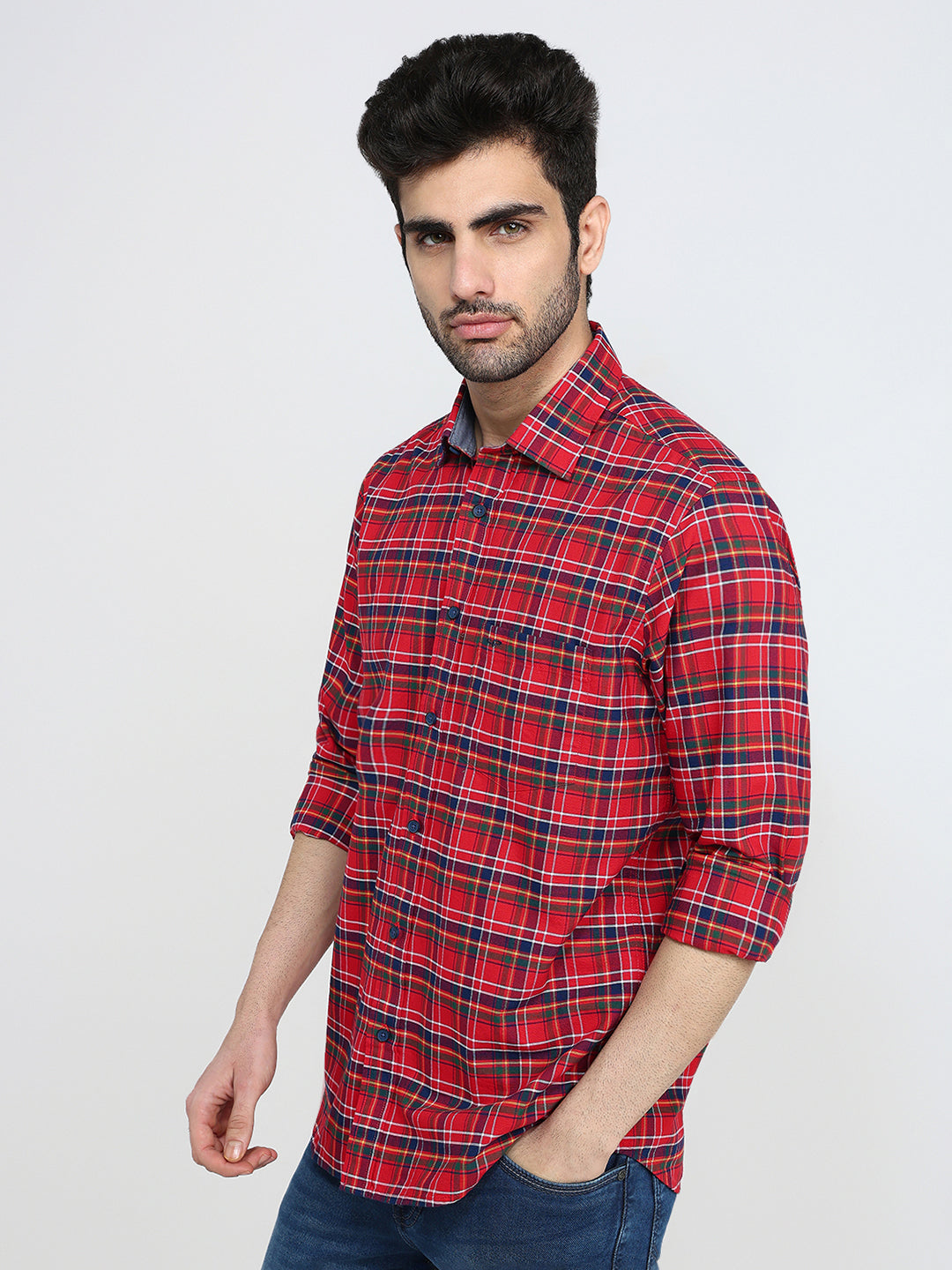 Colorplus Men Red Checks Regular Fit Cotton Full Sleeve Casual Shirt