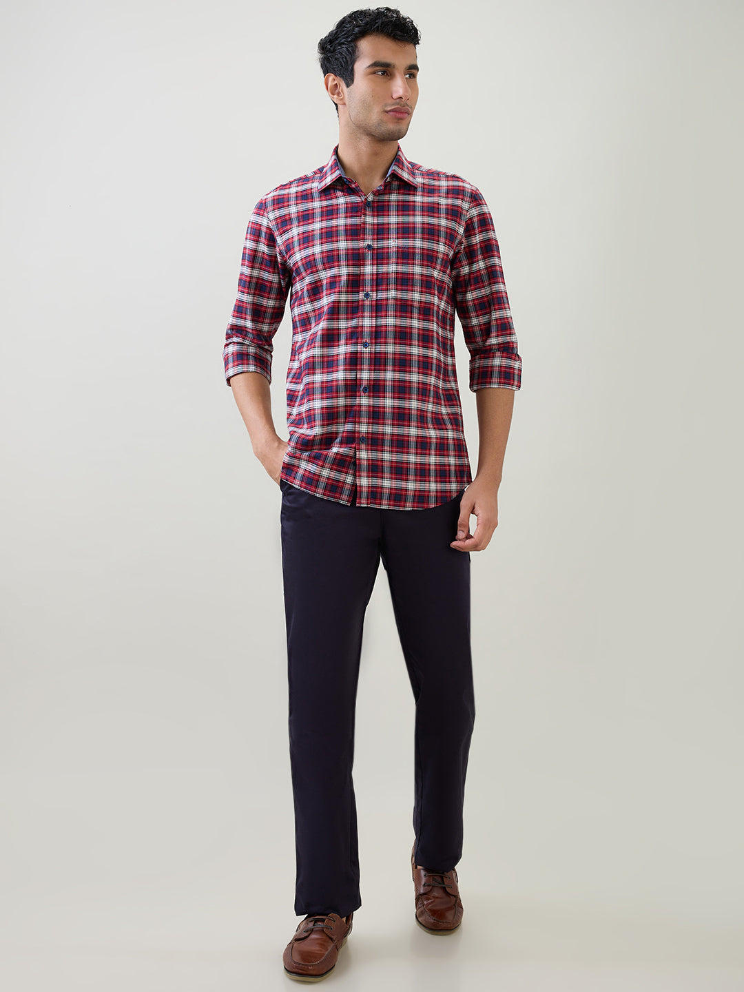 Colorplus Men Red Checks Regular Fit Cotton Full Sleeve Casual Shirt