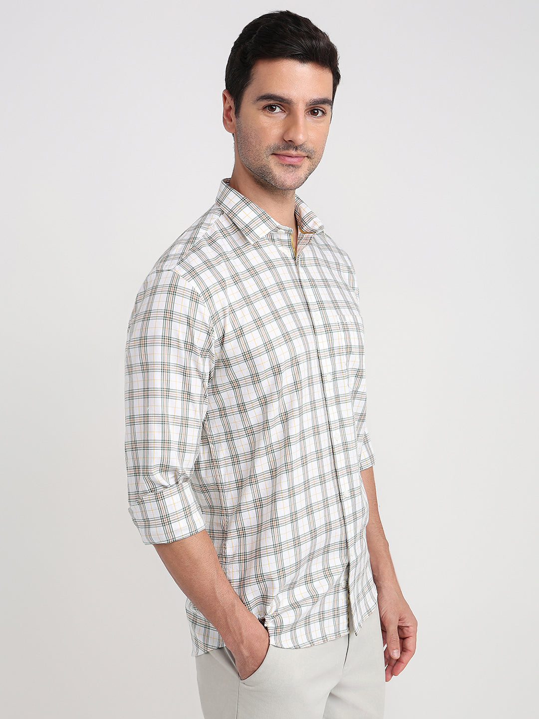Colorplus Men White Checks Regular Fit Cotton Full Sleeve Casual Shirt