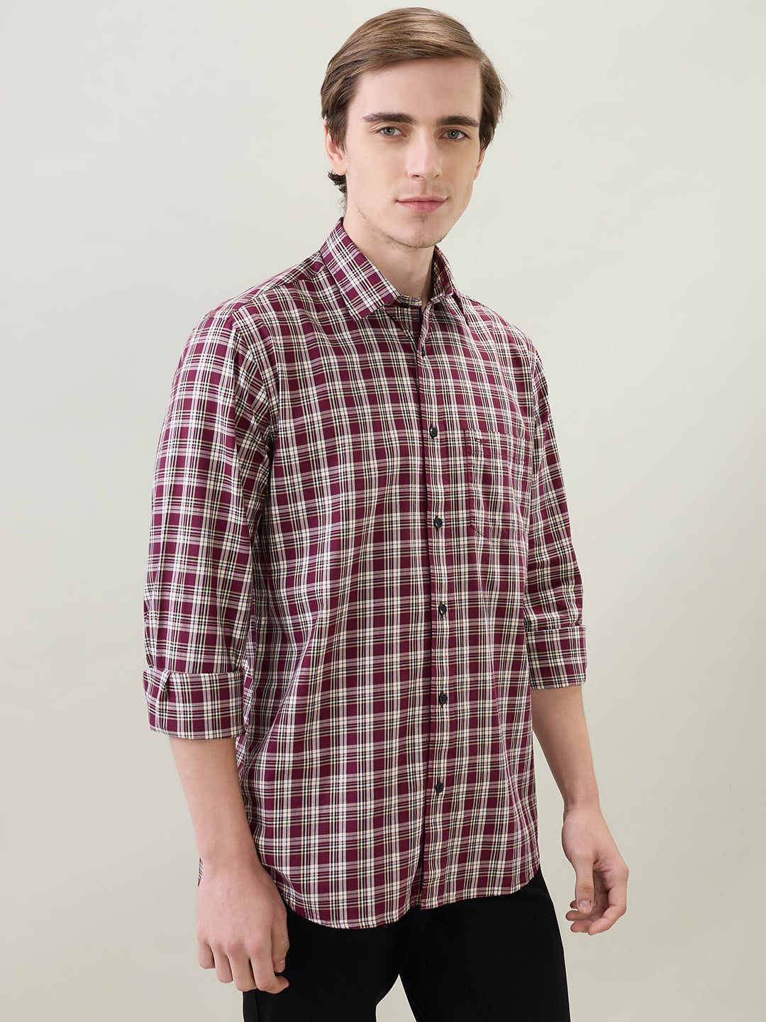 Colorplus Men Maroon Checks Regular Fit Cotton Full Sleeve Casual Shirt