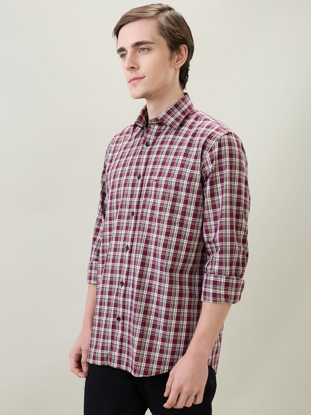 Colorplus Men Maroon Checks Regular Fit Cotton Full Sleeve Casual Shirt