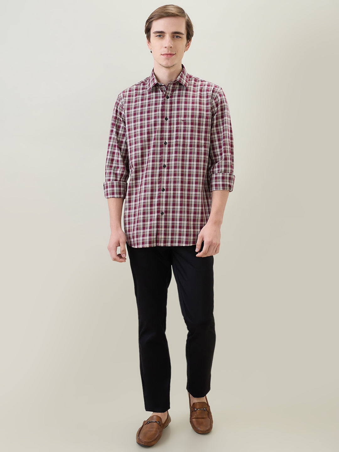 Colorplus Men Maroon Checks Regular Fit Cotton Full Sleeve Casual Shirt