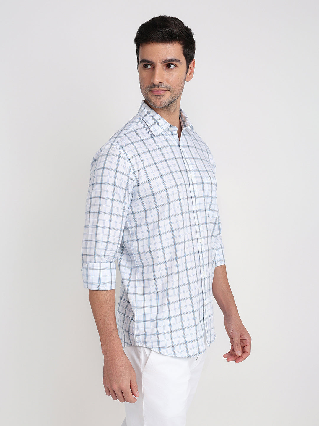 Colorplus Men White Checks Regular Fit Cotton Full Sleeve Casual Shirt
