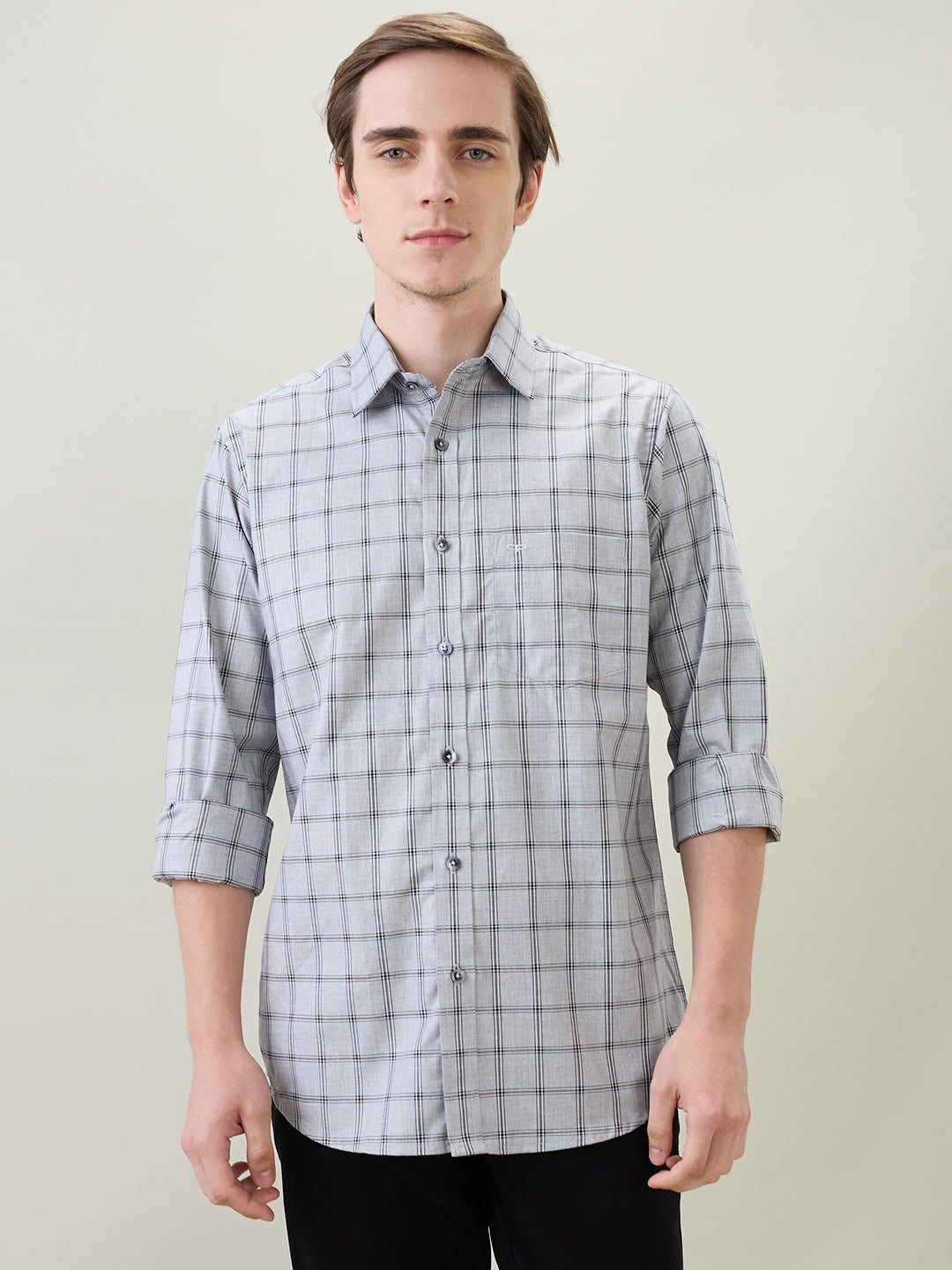 Colorplus Men Grey Checks Regular Fit Cotton Full Sleeve Casual Shirt