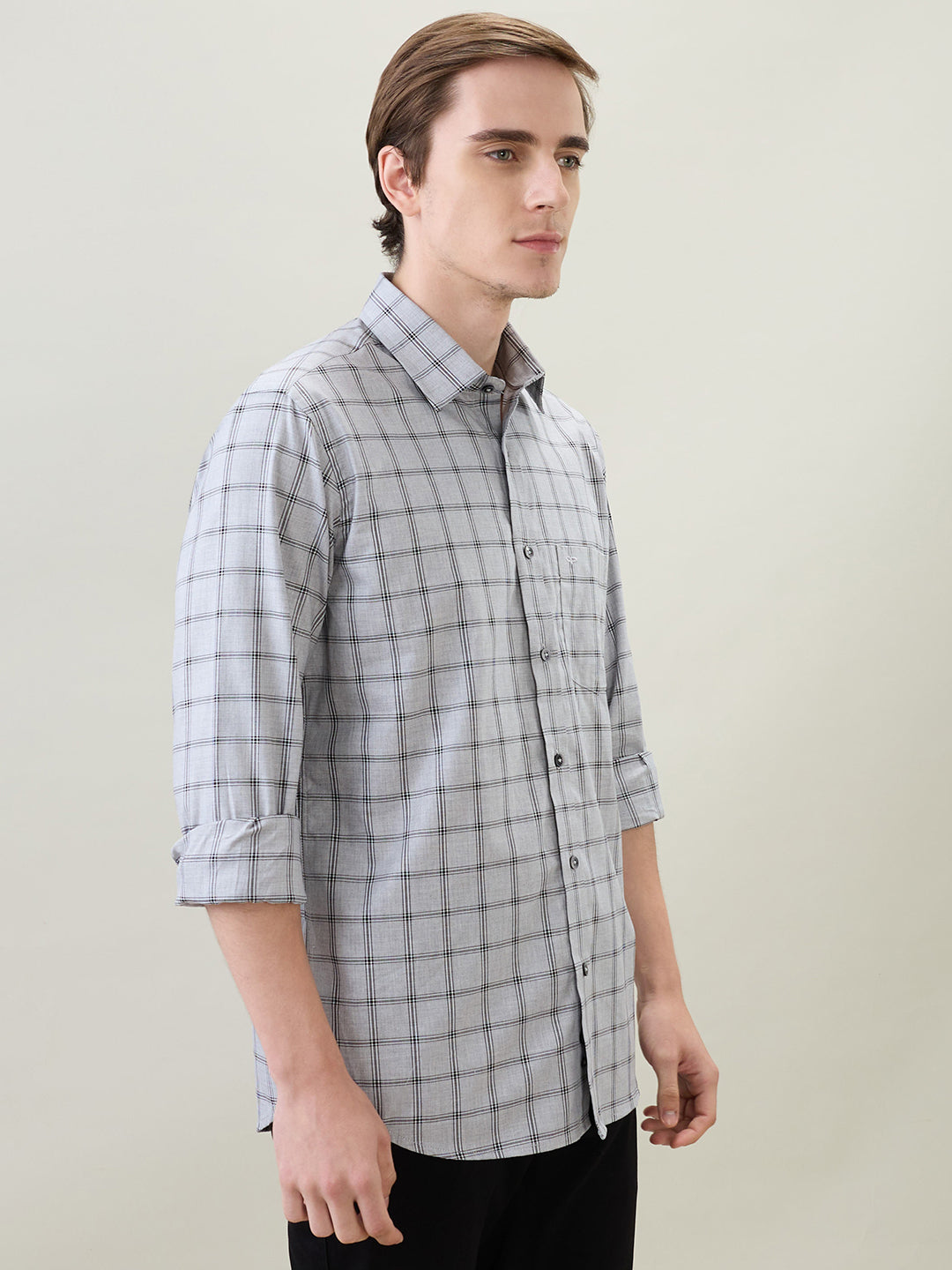 Colorplus Men Grey Checks Regular Fit Cotton Full Sleeve Casual Shirt