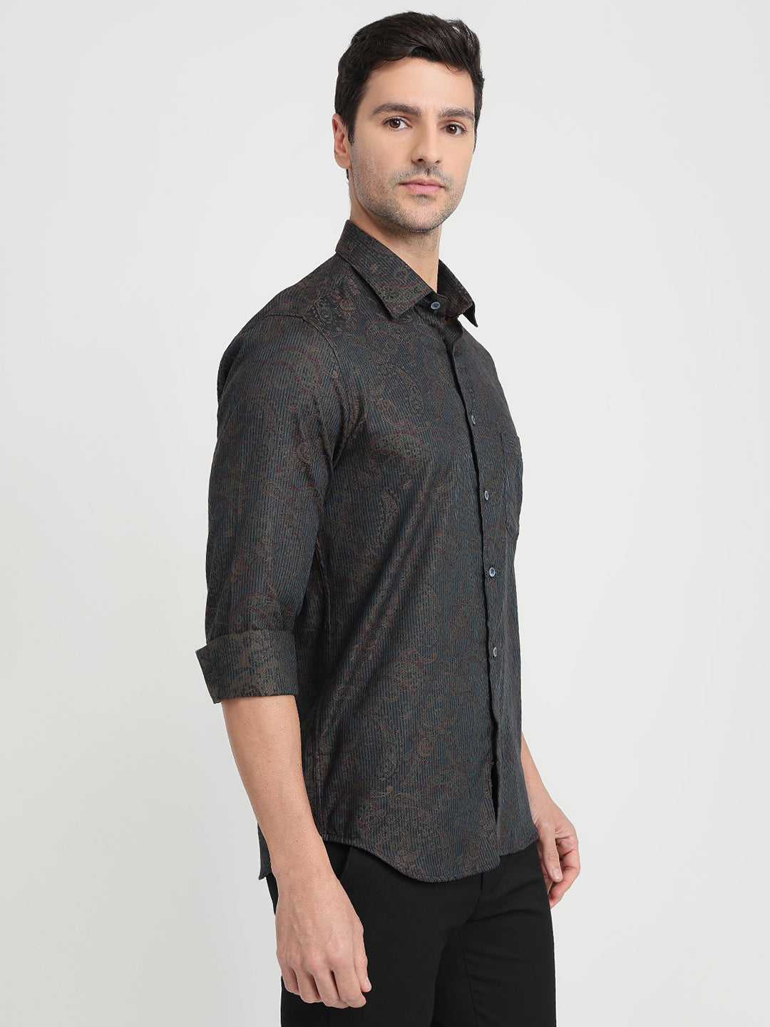 Colorplus Men Green Jacquard Regular Fit Cotton Full Sleeve Casual Shirt